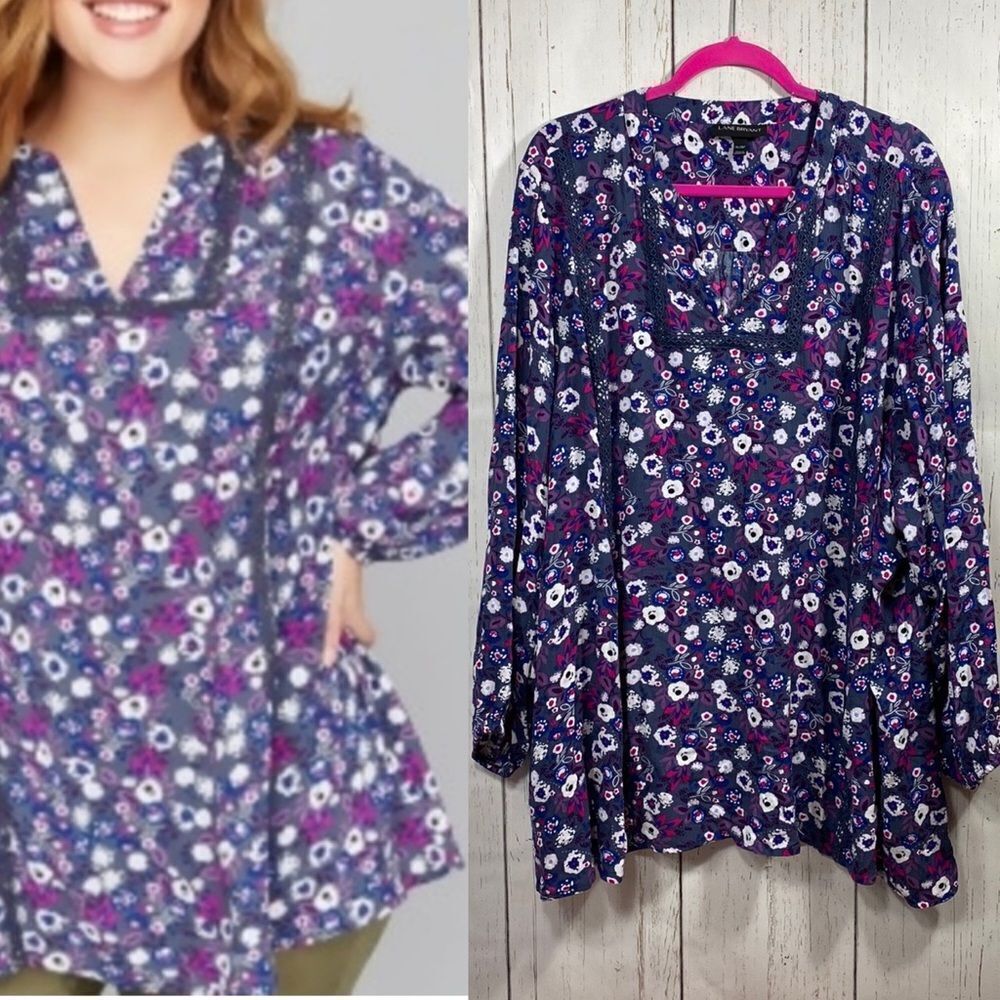 Lane Bryant Womens Floral Boho Peasant Blue Blouse